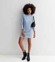New Look Blue Ribbed Knit High Neck Long Sleeve Mini Dress